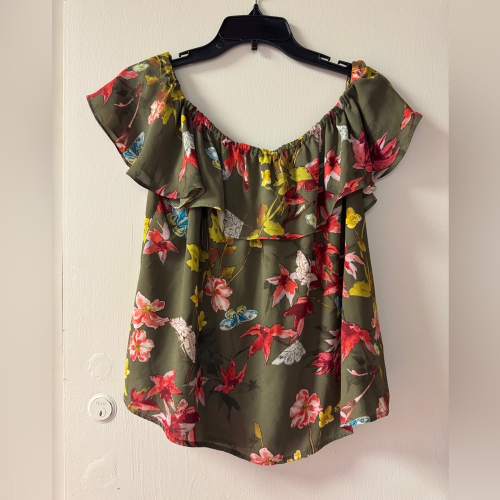 Maeve Olive Off-Shoulder Floral Ruffle Top